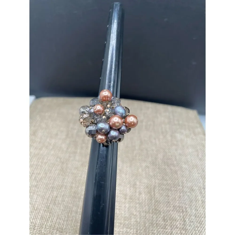 Vintage Beaded Wire Wrapped Pearl Mixed Beaded Cluster Ring Adjustable Sz 7.5